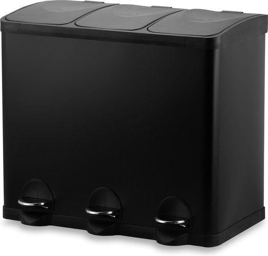 Bayt Poubelle - Poubelle 60 litres - Poubelle 60 litres - Poubelle à pédale 60 litres - Poubelle 3 compartiments - Poubelle tri sélectif - 3x 20 litres - inox - Noir