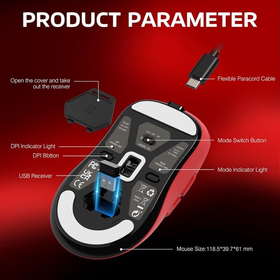 ATTACK SHARK Souris de jeu sans fil - Filaire/2.4G/BT5.4 - Léger 49G - PAW3395 - 26000DPI - Rouge