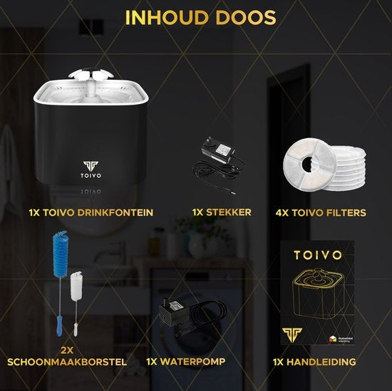 Toivo fontaine à eau pour chat - chien/chat - 2,5 litres - 4 filtres et outil de nettoyage inclus - Fontaine à eau pour chat - silencieuse