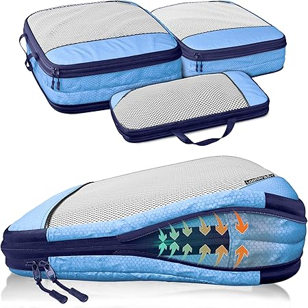 LOONARA Packing Cubes - Compression Travel Organiser - 3-Piece Set - Mariner's Azure - Pour valise et sac à dos - Léger et durable - Gagnez jusqu'à 50% d'espace