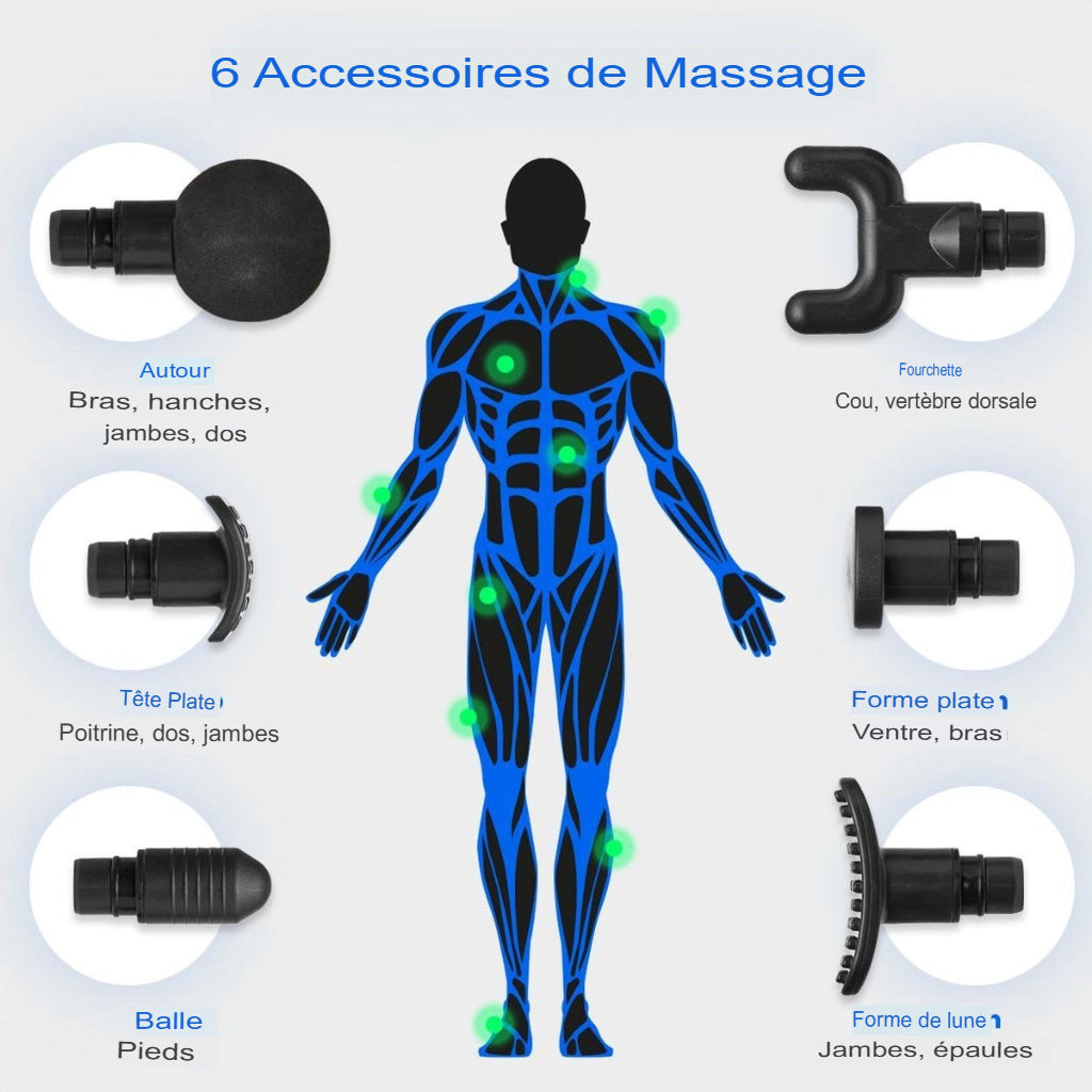 Masseur - LifeGoods - Pistolet de massage musculaire - 6 accessoires - Noir