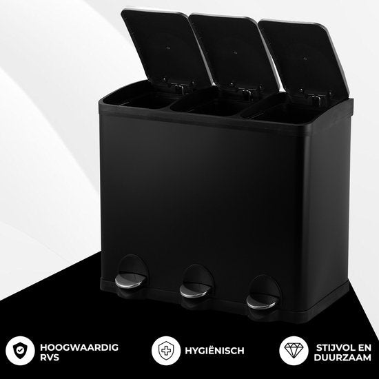 Bayt Poubelle - Poubelle 60 litres - Poubelle 60 litres - Poubelle à pédale 60 litres - Poubelle 3 compartiments - Poubelle tri sélectif - 3x 20 litres - inox - Noir