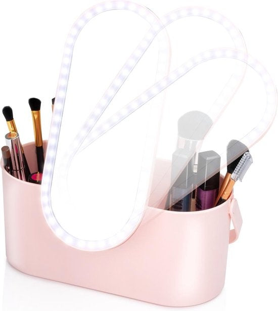 Touch Of Beauty Make Up Organiser avec miroir LED - Travel Beautycase - 24.1 x 10.4 x 11.7CM - Lumière LED ajustable - Câble de chargement USB inclus - Plastique - Rose
