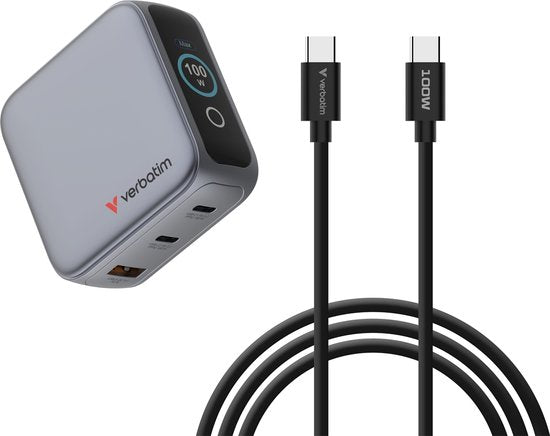 Chargeur Verbatim Mini Gan 100 W, 2 ports USB-C, 1 port USB-A, QC, pour Apple MacBook et iPhone