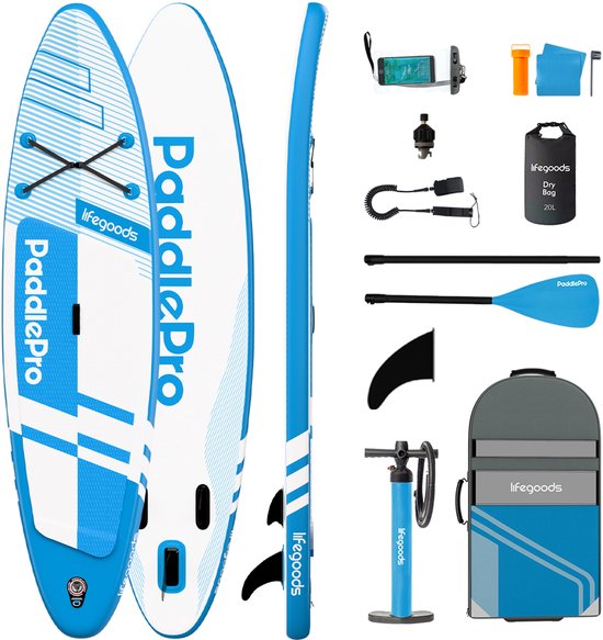 LifeGoods PaddlePro SUP Board Pro - Pro Set - Planche à pagaie gonflable - Max. 150KG - 320x81cm - Bleu ciel