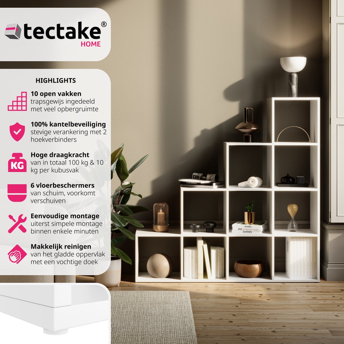 Bibliothèque tectake Talisa - Bibliothèque ouverte avec 10 compartiments - Design escalier - 130 x 29 x 130 cm - Blanc