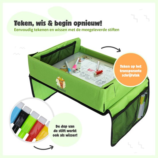 Qualita® Table de voyage pour enfants verte - Support de tablette pour voiture - Table de voiture - Table de jeu pour voiture - Organisateur de voiture pour enfants - Table de dessin pour voiture - Table de voyage pliable - Table de voyage pliable - Quali