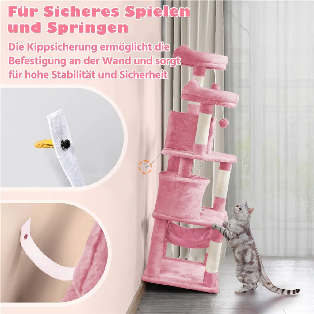 Arbre à chat Yaheetech 158 cm - Rose - Arbre à chat avec 2 grottes, un hamac et des poteaux en sisal