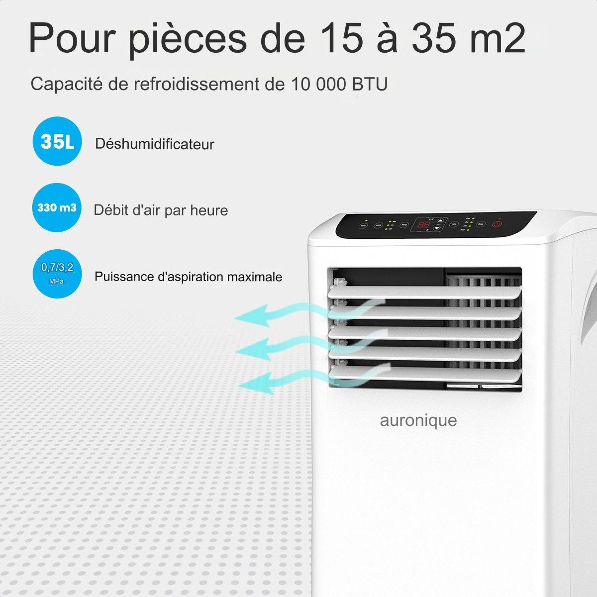 Climatiseur mobile - Auronic  - 4 modes - Avec télécommande et kit de calfeutrage de fenêtre - Convient pour une superficie de 15-35 m2 - 10 000 BTU - Blanc