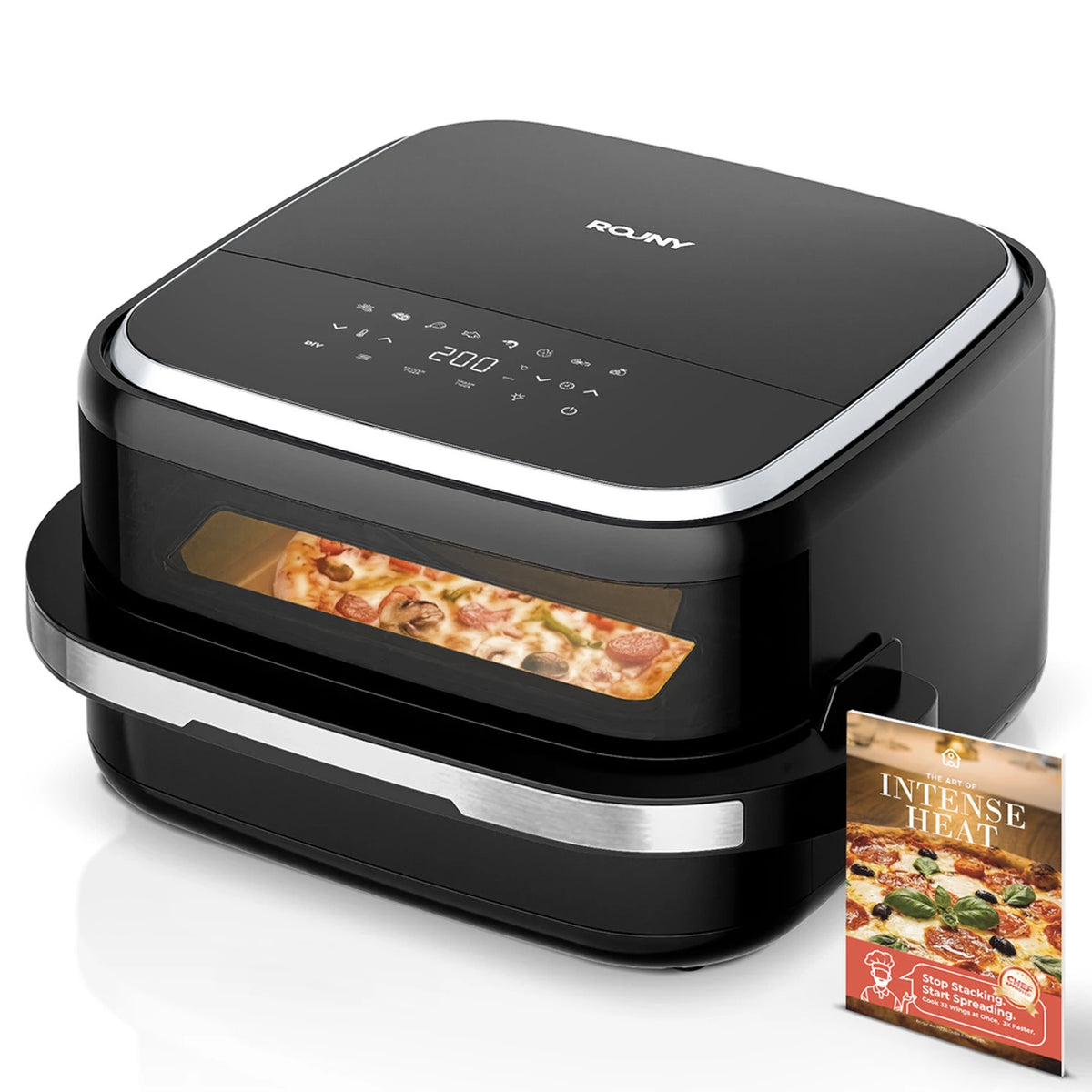 Four à pizza et friteuse à air chaud Rouny 12 pouces 2200 W – 11 fonctions – Double chauffage – Air chaud à 360° – 4,3 L – Noir