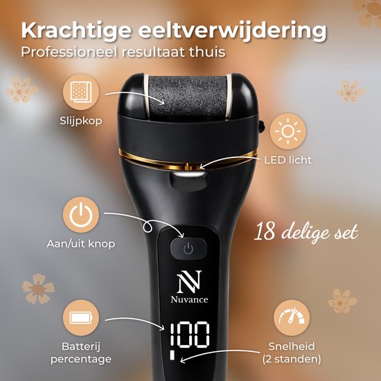 Appareils de désincrustation Nuvance - Kit de pédicure électrique - 18 pièces - Désincrustateur électrique - Lime à pieds - Professionnel - Noir
