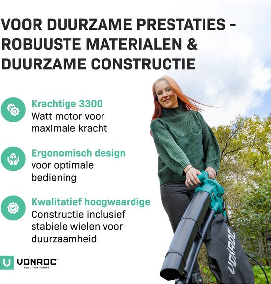 Souffleur de feuilles - Vonroc - 3300W - Vitesse 270 km/h - Broyage intégré - Sac 40L - Noir/Vert