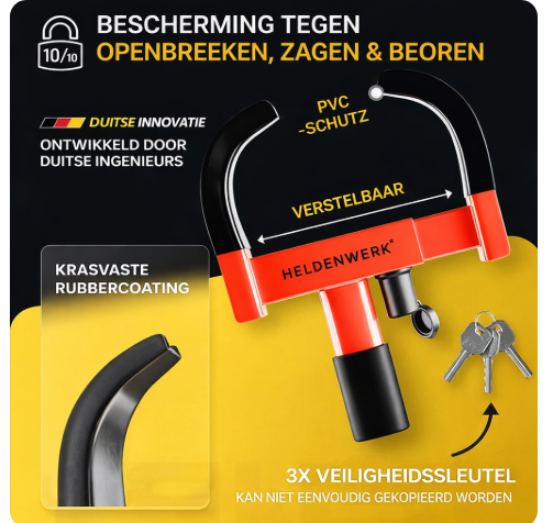 HELDENWERK - Griffe de parking et pince de roue - Pour 18-30 cm de largeur de pneu - Acier allié noir et rouge - Avec serrure de haute sécurité et 3 clés - Protection contre le vol - Sécurité maximale