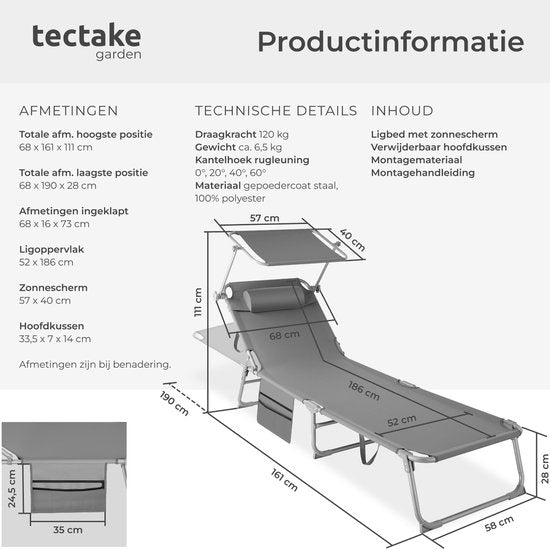 tectake® - bain de soleil bain de soleil - 4 positions, pliable - gris - 68 x 190 x 28 cm, avec poche latérale