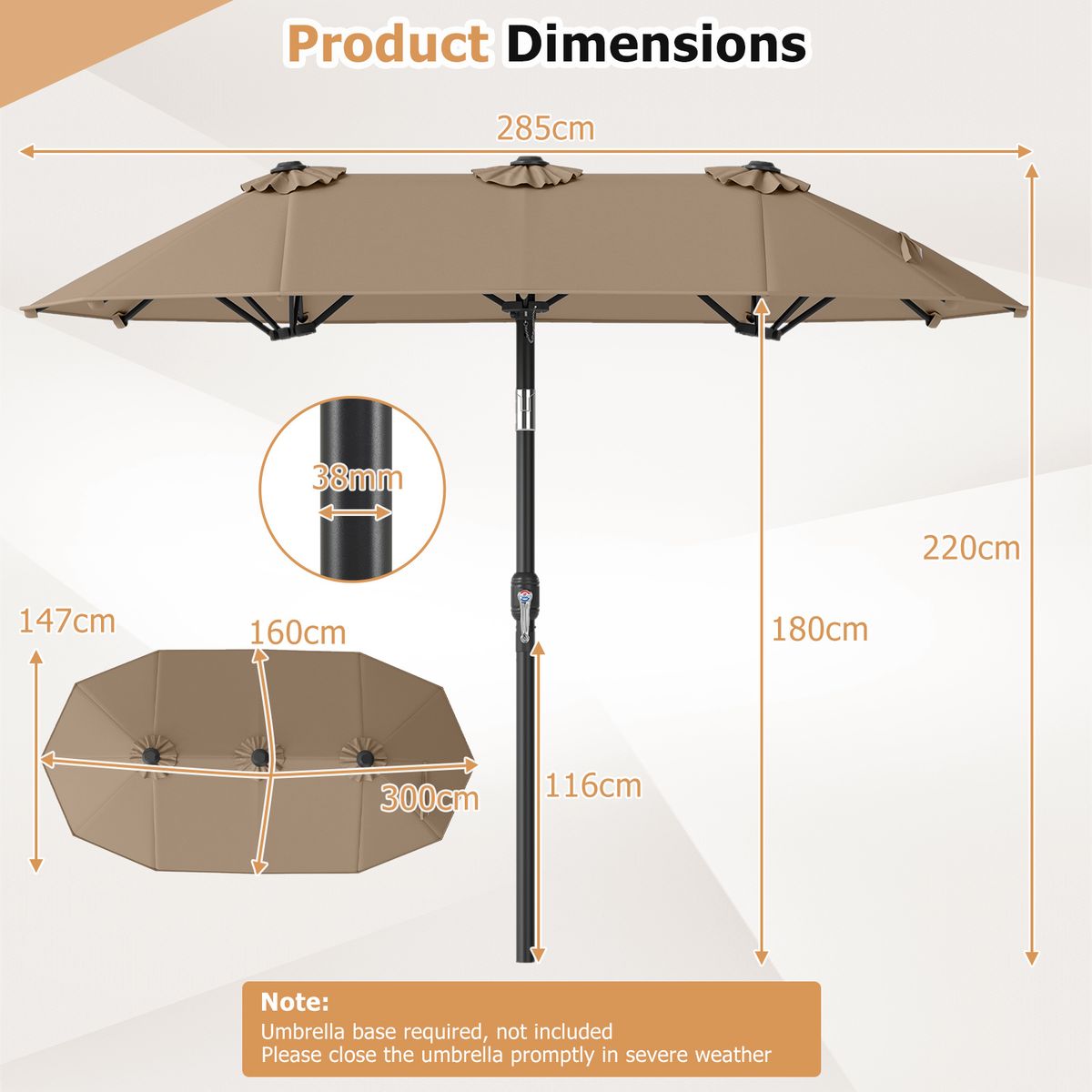 Parasol double Coast - rectangulaire - avec manivelle et fonction d'inclinaison - marron 300 x 160 cm