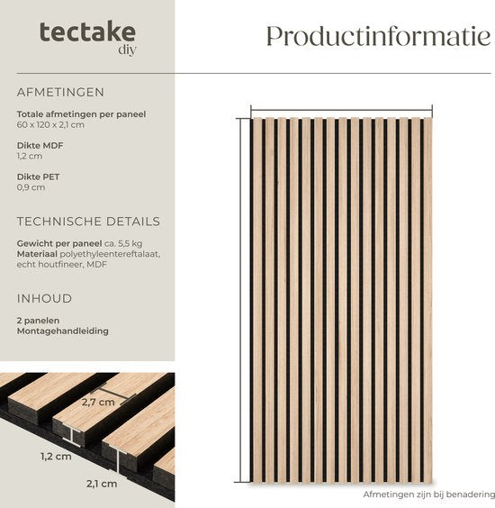 Panneaux acoustiques tectake® - Lot de 2 - Panneau mural acoustique - 60 x 120 cm - 1,44 m² - Panneaux muraux aux dimensions ajustables - Structure à lattes en MDF et placage de bois - Isolation acoustique - Décoration murale élégante - Montage facile - C