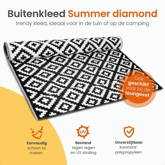 Goliving Tapis d'extérieur Summer Diamond - 183x290CM - Tapis de jardin - Tapis d'extérieur - Tapis - Tapis de jardin - Réversible - Sac de transport inclus - Noir/Blanc