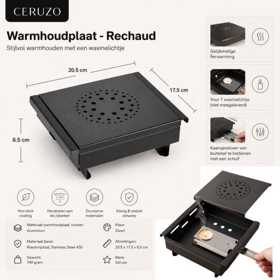 Plateau chauffant Ceruzo Compact – Réchaud – 1 bougie chauffe-plat – Noir