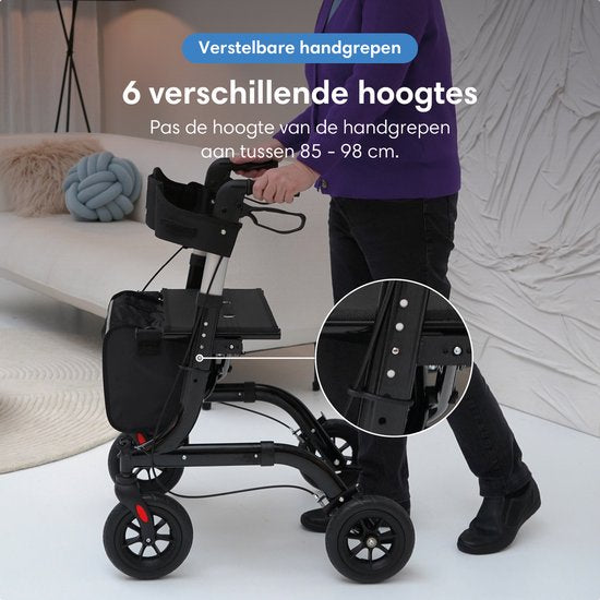 Rollator Safe Life - Pliable - Léger - Siège intégré - 61 x 70 x 85-99 cm - Roues en caoutchouc - Noir