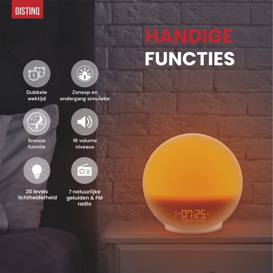 DistinQ Wake-Up Light - Radio-réveil avec double heure de réveil - Aide au sommeil avec connexion USB