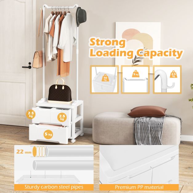 Costway Portemanteau - Avec tiroirs et crochets latéraux - 46 x 38 x 157 cm - Blanc