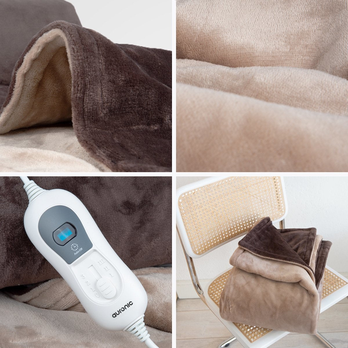 Couverture chauffante électrique - Auronic - 2 personnes - 3 niveaux de chaleur - 200 x 180 cm - Marron