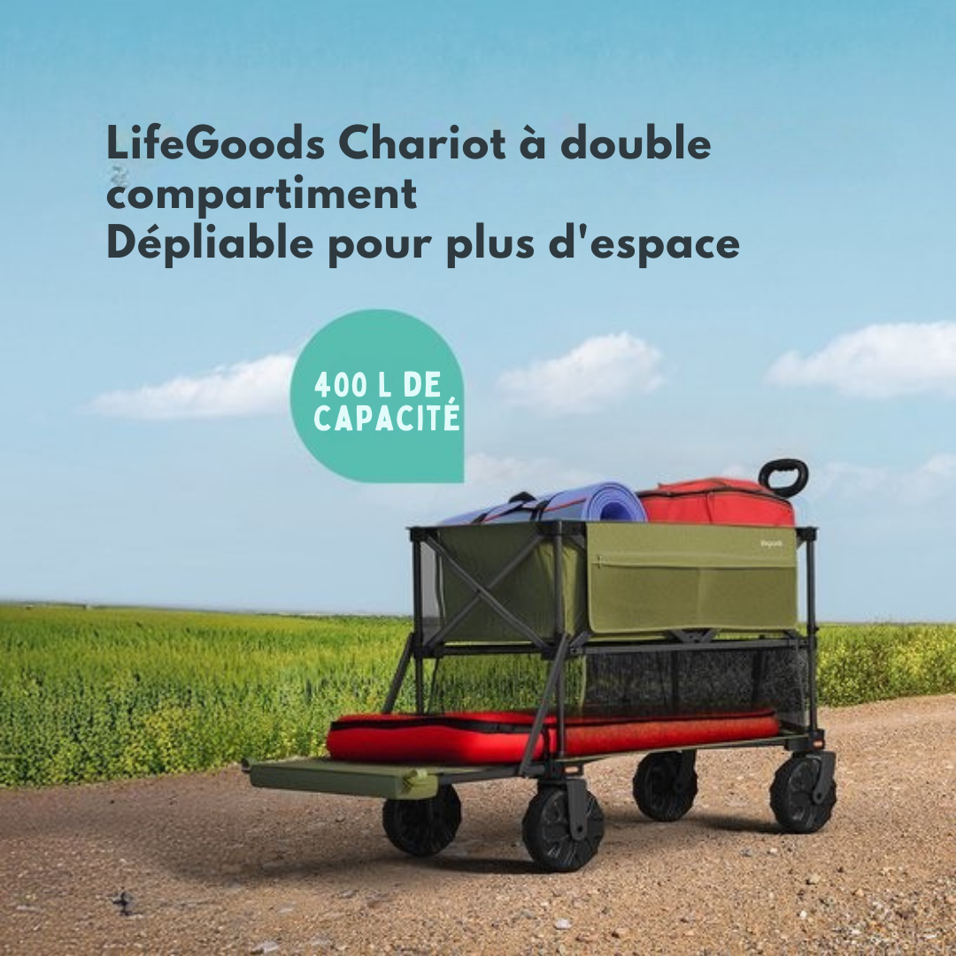 LifeGoods Double Wagon - Wagon pliable - 200KG - 400L - Pliable - Avec housse de protection - Vert
