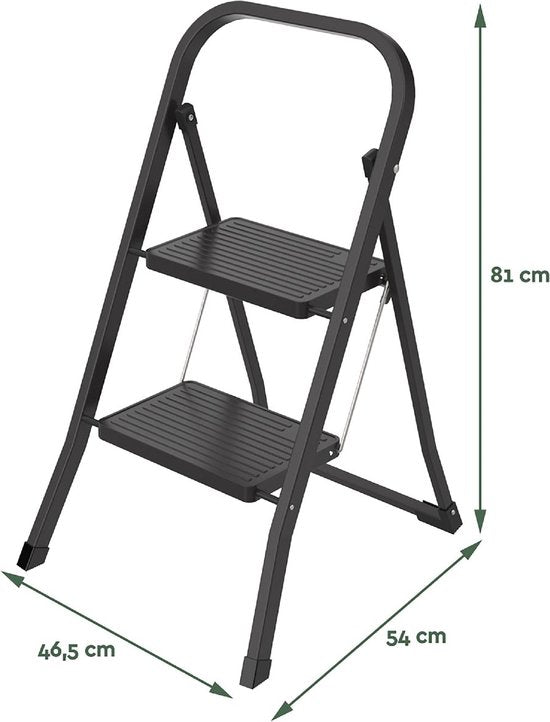 BRASQ Escabeau ménager 2 marches noir - échelle de cuisine pliable en métal pour usage privé et professionnel - Escabeau - Antidérapant