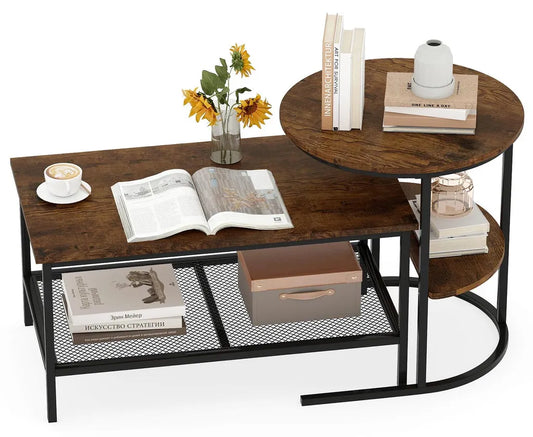 Coast Coffee Table Set of 2 - Table d'appoint ovale et ronde avec structure en métal - Brown
