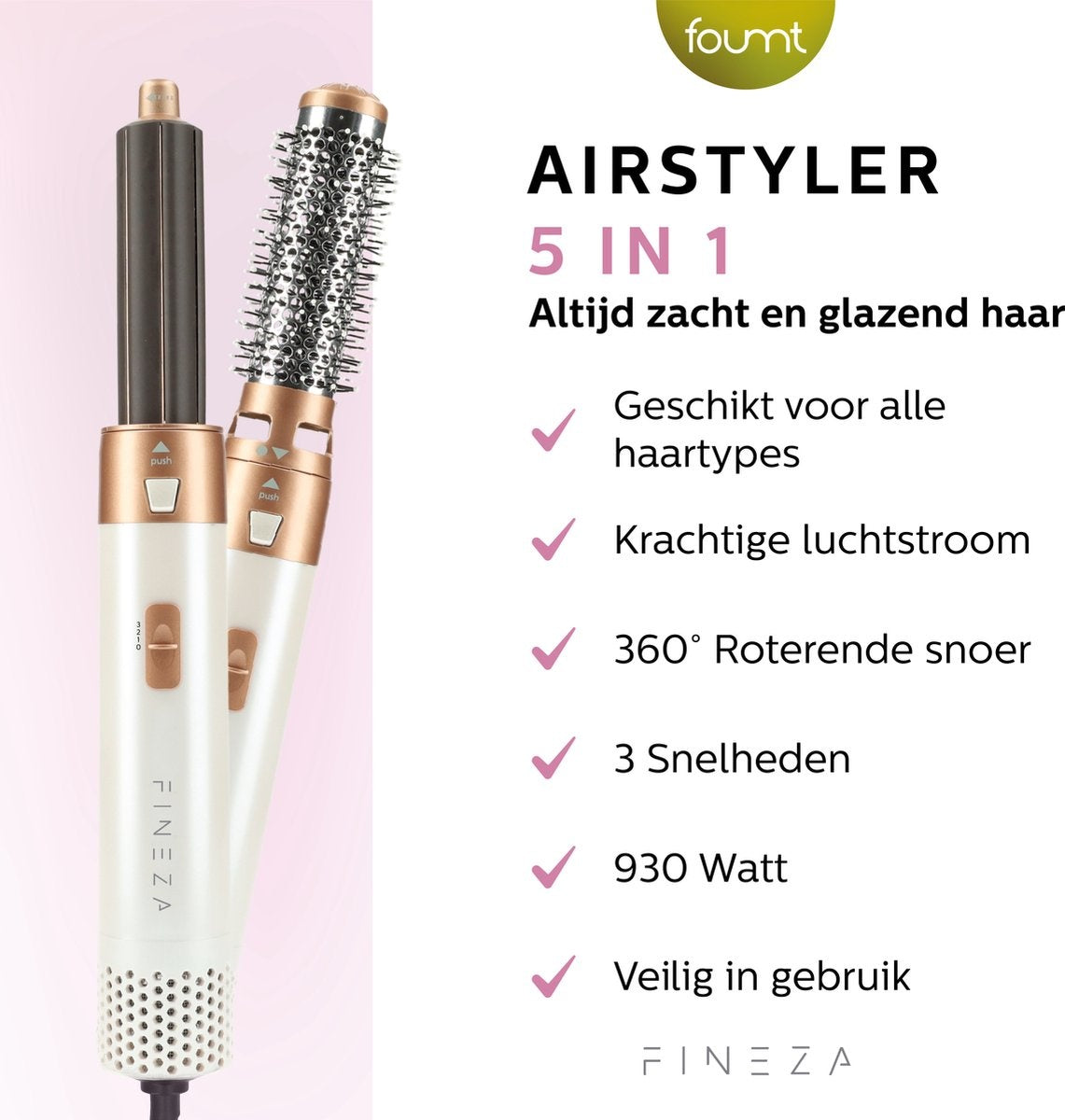 Brosse coiffante 5 en 1, Fineza, 4 Embouts, Blanc/Or Rose