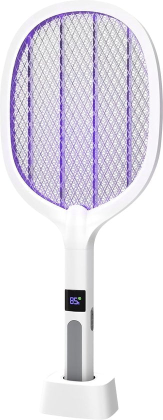 TTD® Premium Electric Fly Swatter and Mosquito Lamp Rechargeable with XXL 2 Meter Charging Cable and LCD Screen - 2 Stages Fly Swatter and Mosquito Lamp - 2500 Volts - Rechargeable via USB and Power Socket - With Safety Net - UV Light - Fly Catcher