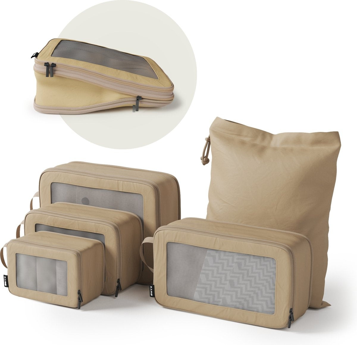 Cubes de Compression ONYX - 5 pièces - Set d'organiseurs de valise - Fermeture à glissière de compression - Pour valises et sacs - Compression de bagages & sac à dos - Beige