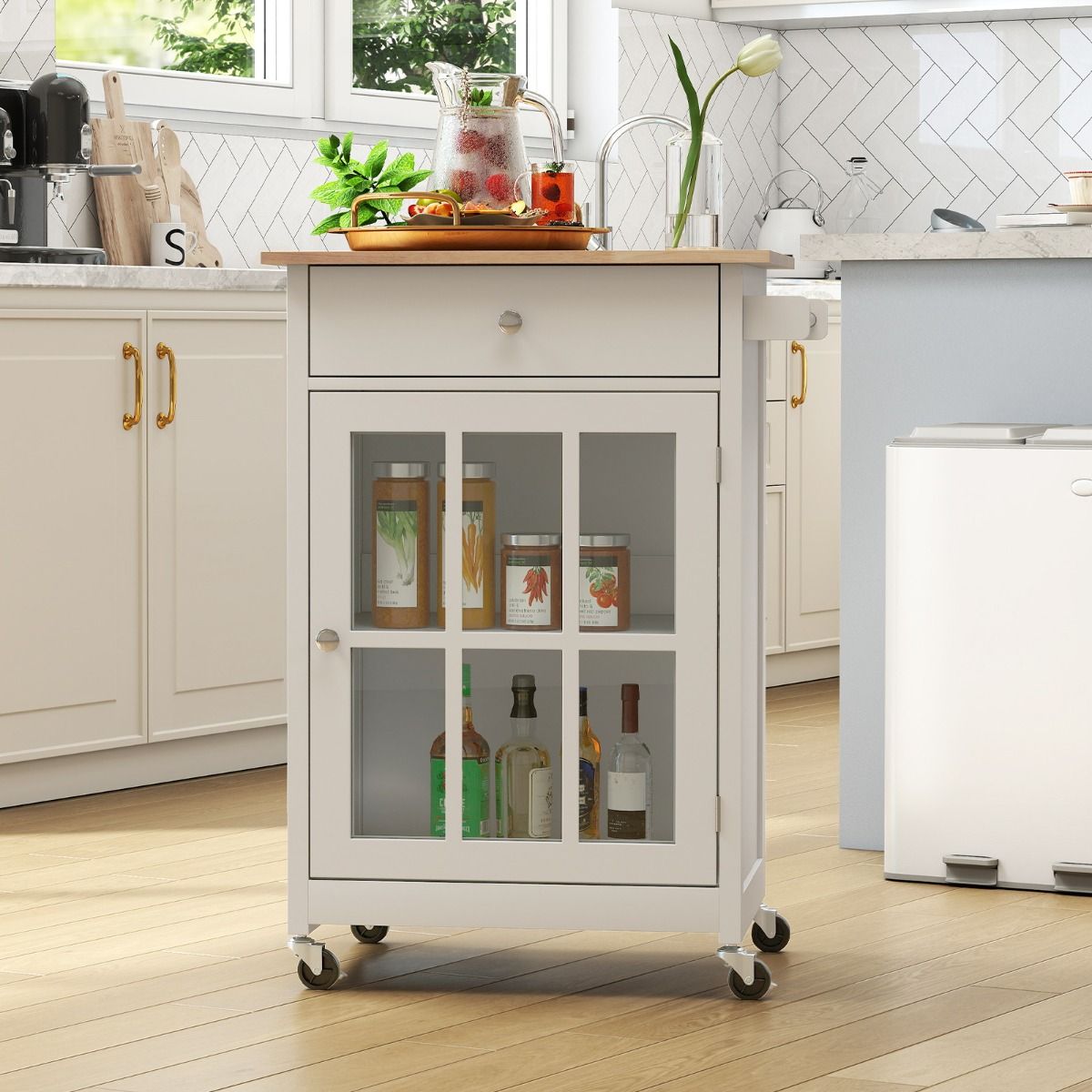 Chariot de cuisine Coast avec plateau en bois, porte vitrée et tiroir - 65 x 48,5 x 87,5 cm - Naturel/Blanc