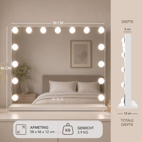 Miroir Lumirex Hollywood 58 x 46 cm - Miroir de maquillage éclairé - 15 LED - Intensité réglable - 3 couleurs de lumière - Commande tactile - Alimentation secteur - Miroir de maquillage - Blanc