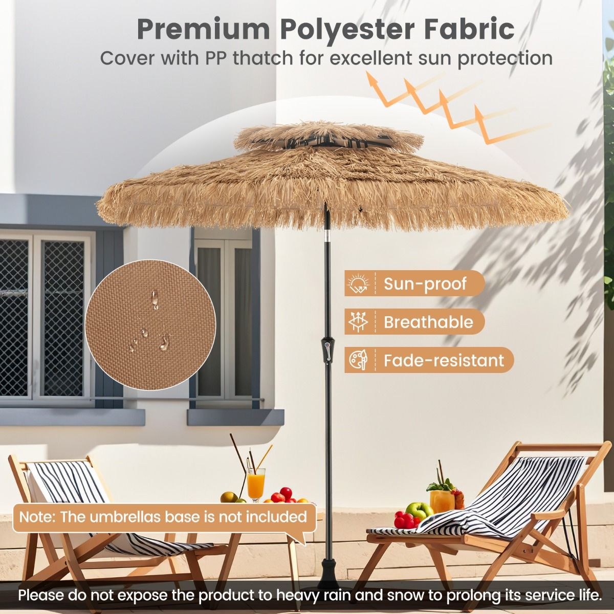 Coast Hawaiian Wicker Tiki Parasol 267x247 cm - Parasol de terrasse naturel avec manivelle, mécanisme d'inclinaison et 8 baleines robustes