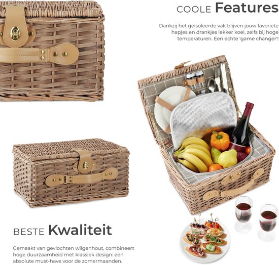 tectake® complete Picnic Basket Set Ameland - Luxury 13-piece Picnic Set for 2 - Wicker Picnic Basket - Includes Cooler, Set with Plates, Plastic Wine Glasses and Stainless Steel Cutlery
