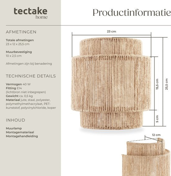 tectake® Lampe murale Lignea Lux - 40W - 12 x 23 x 25,5 cm - E14 - Lampe murale pour le salon, la chambre à coucher, la salle à manger - Lampe en toile de jute de style boho - Eclairage d'escalier - Semi-circulaire