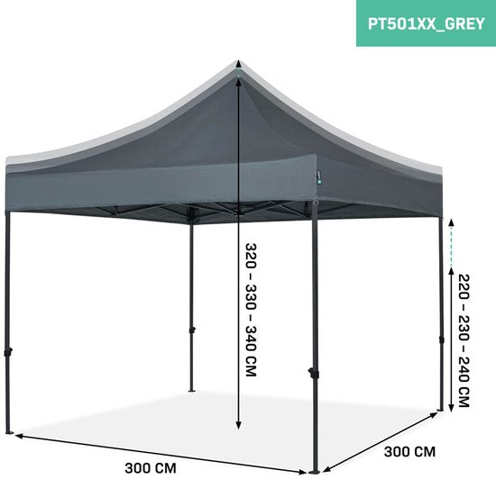 VONROC Party Tent - 3x3 m - Premium easy-up Party Tent - Modular Design - Pliable - Imperméable - Structure en acier - 50+ UV Protection - Sac de rangement inclus - Gris