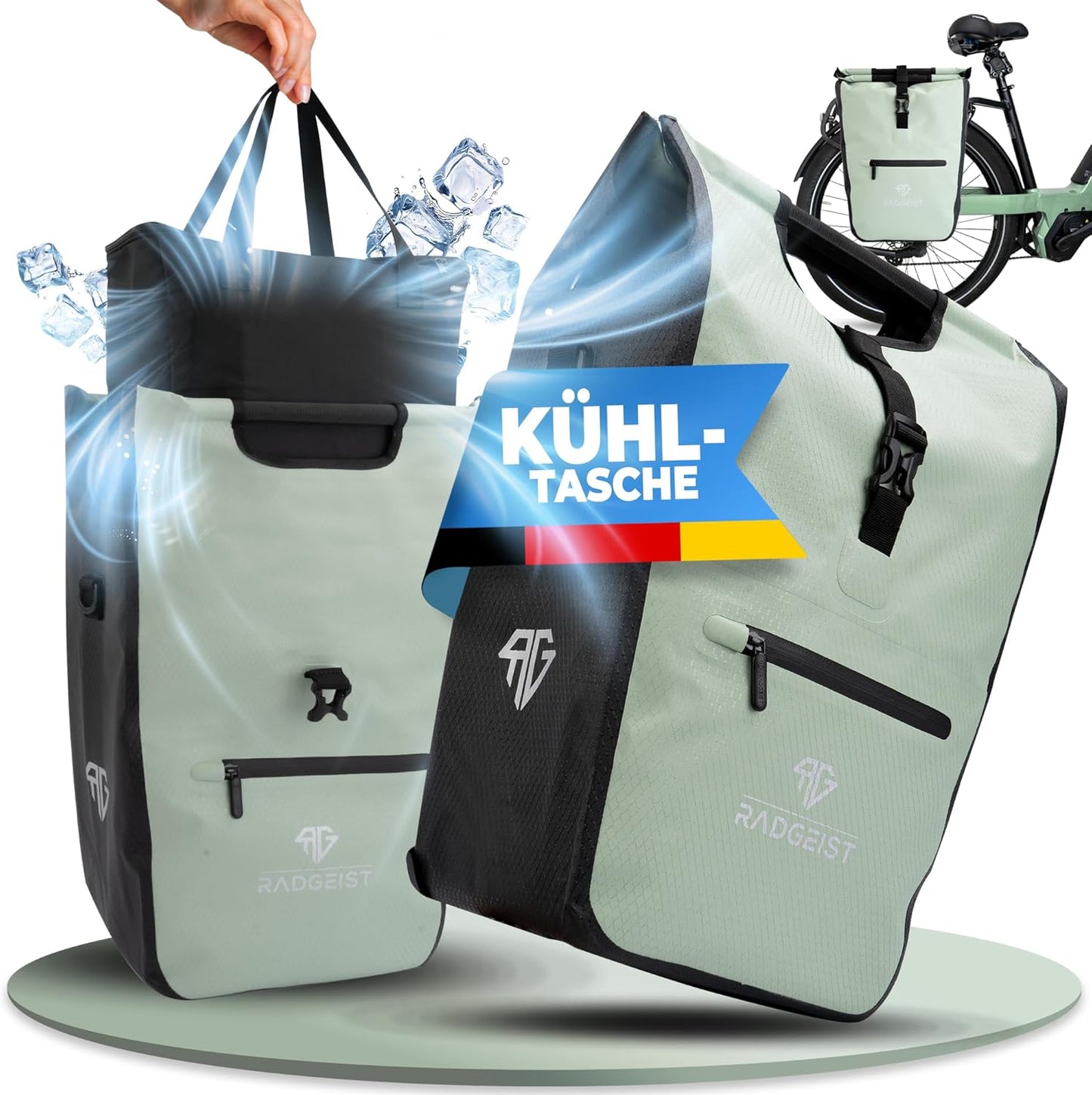 RADGEIST sac à vélo pour porteur I sac à vélo shopper avec sac isotherme amovible I sac à provisions & sac à provisions 22-28 litres - vert