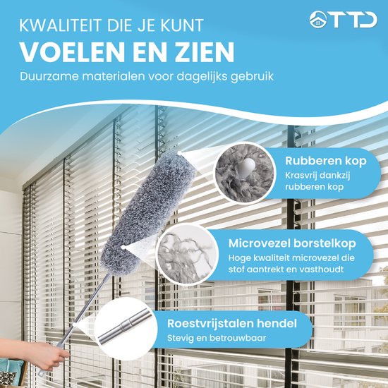 TTD® Pelle à poussière extensible - Rage Ball avec manche télescopique - jusqu'à 135 cm - lavable - microfibre - tête inclinable jusqu'à 90 degrés - avec crochet de suspension