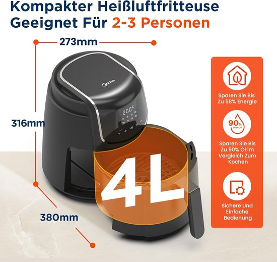 Midea MF-CN35C2 - Friteuse à air chaud numérique - Fonctions 8 en 1 - Capacité de 3,5 L