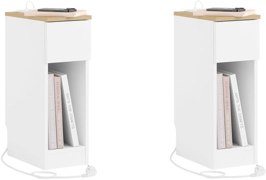 SoBuy 2-piece Slim Nightstand with Charging Station, Narrow Side Table with Standard Socket, USB Port and Type-C Port for Bedroom and Living Room, W20 x D35 x H60 cm, White, FBT111-E-WNx2 (table d'appoint étroite avec prise standard, port USB et port Type
