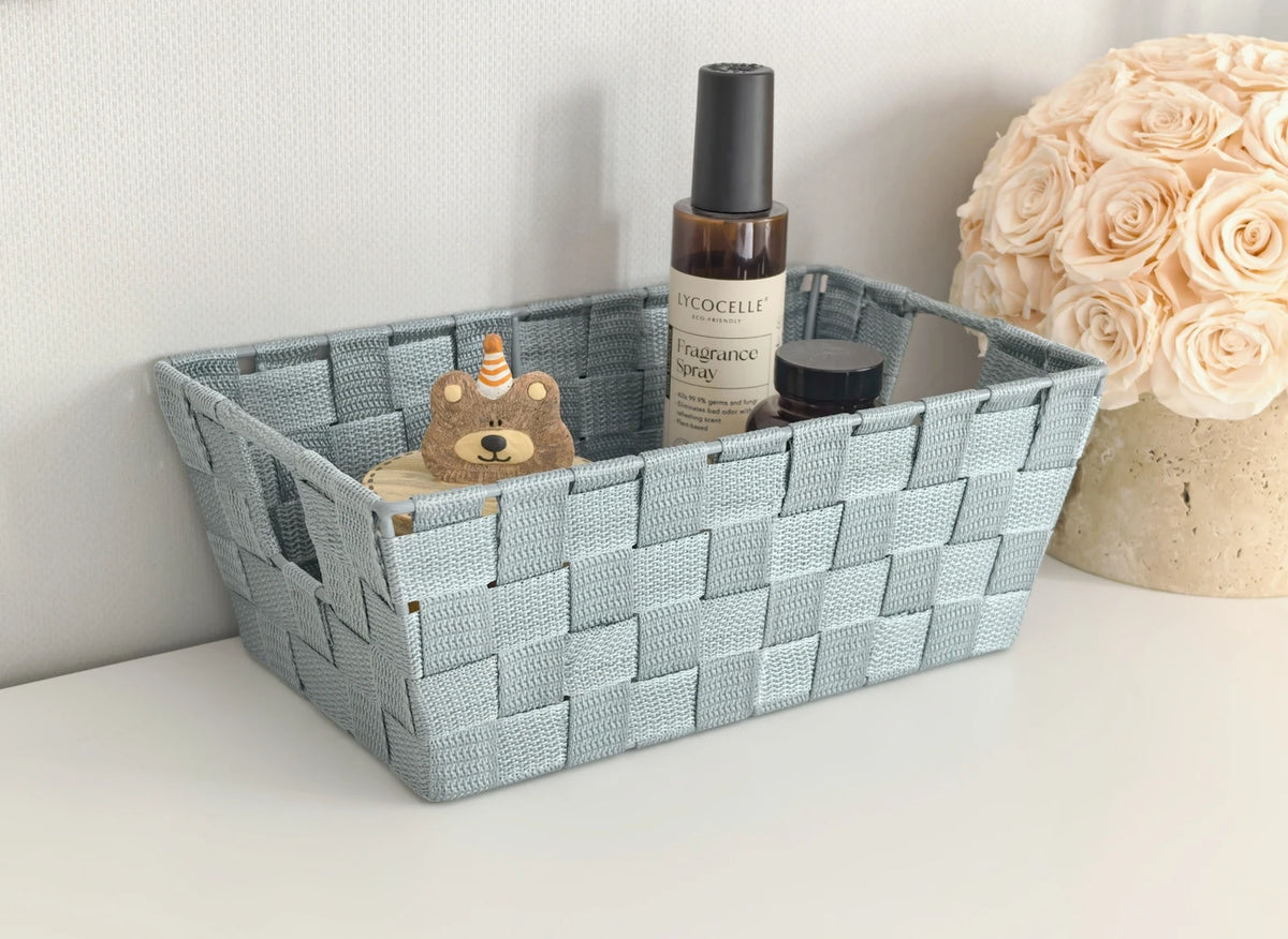 Lot de 3 paniers de rangement Kevahome - Lanières tressées en PP - Modèle sac de transport - Bleu foncé - 30,5 x 16,5 x 11,5 cm