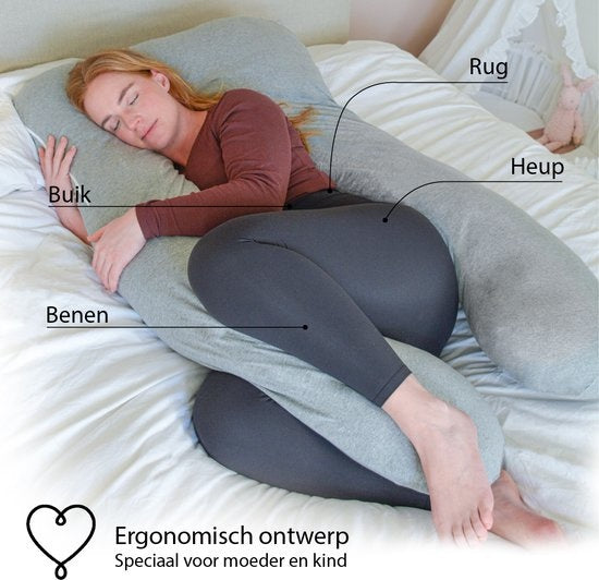 Ella® Maternity Pillow XXL U-Shape - Coussin d'allaitement - Coussin de sommeil en soie - Coussin de corps - Enveloppe amovible en jersey de coton - 140x80cm - Gris clair
