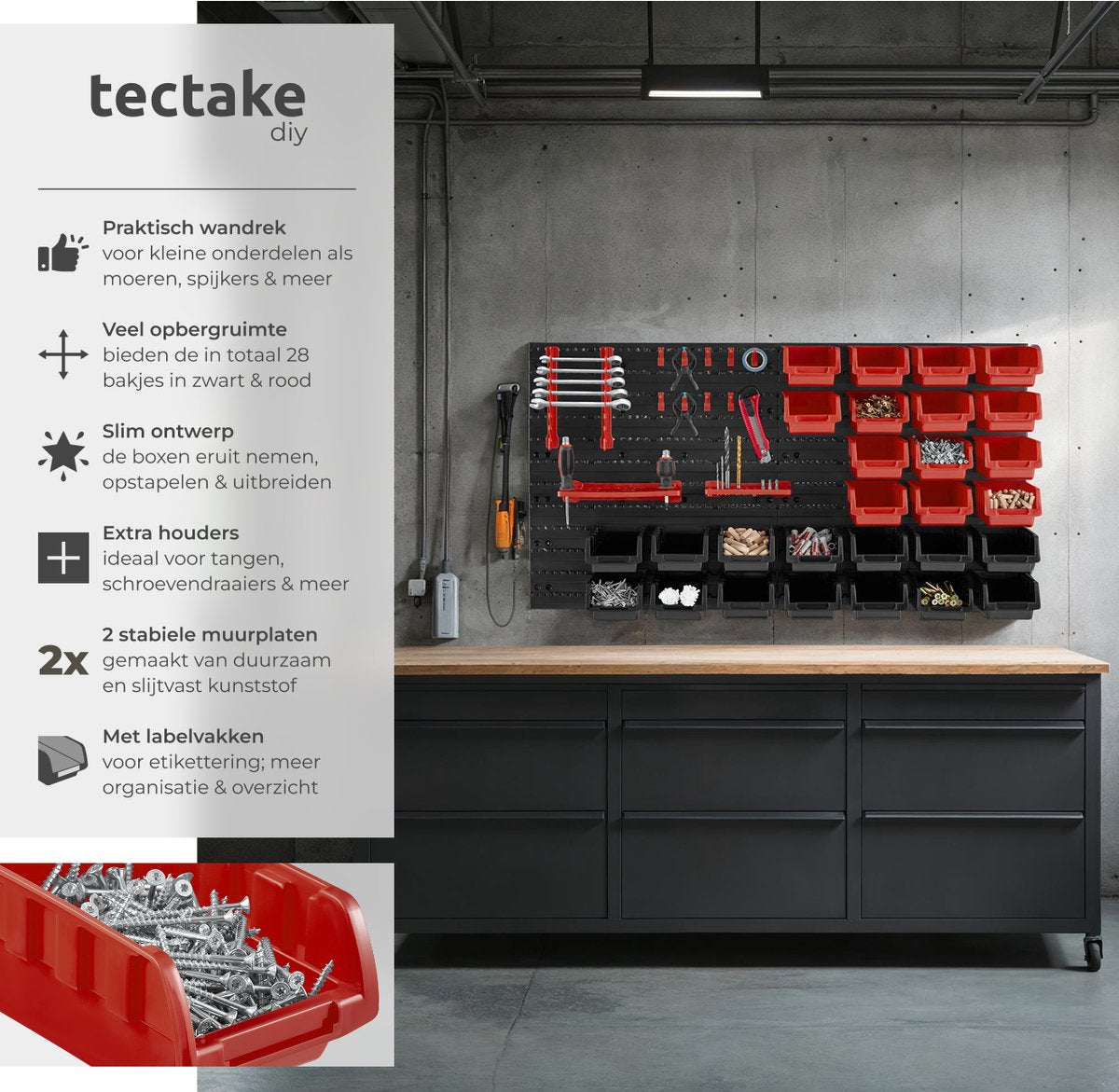 tectake mur d'outils d'atelier - 96x17x54 cm - Noir/Rouge - 28 Bacs de rangement et supports muraux