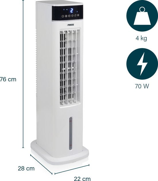 Climatiseur Princess Smart avec application et télécommande – Climatiseur sans tuyau – Réservoir d'eau de 3,5 L – Ventilateur oscillant avec fonction rafraîchissante – Rafraîchisseur d'air portable pour chambre, salon, bureau – Blanc – Économe en énergie