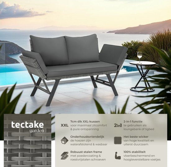 tectake® 2-in-1 Banc de jardin en osier Sintra - Mains courantes réglables - Salon de jardin - Chaise longue - Banc de salon de balcon - Coussins inclus - Canapé de salon d'extérieur - Lit de soleil résistant aux UV et aux intempéries - Gris