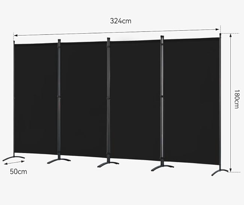 Paravent Angel Living à roulettes, 4 panneaux - Noir - 324 x 180 cm - Pliable