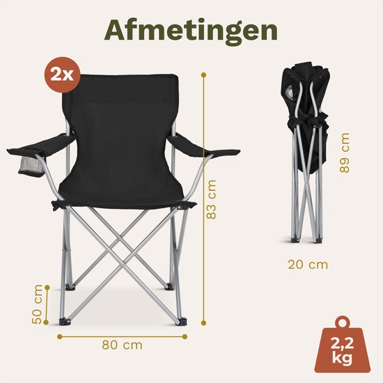 TRVLMORE Chaises de camping - pliables - 2-Pack - Capacité de charge 120KG - Sac de transport inclus - Chaise pliante - Chaise de pêche - Chaise de camping - Chaise pliante - Noir