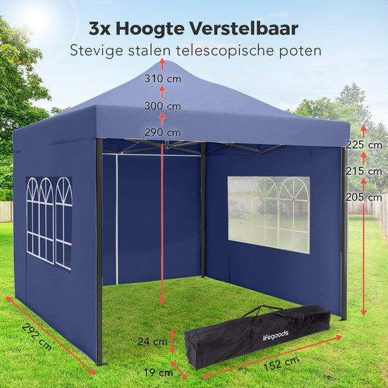 LifeGoods Tente de réception - Pavillon - EasyUp - Pliable - 4 parois latérales - Imperméable - Avec sac de transport à roulettes - 3x3 mètres - Bleu foncé